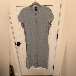 Eileen Fisher 100% Linen Button Front Shirt Dress Short Sleeve Blue Large L NWT